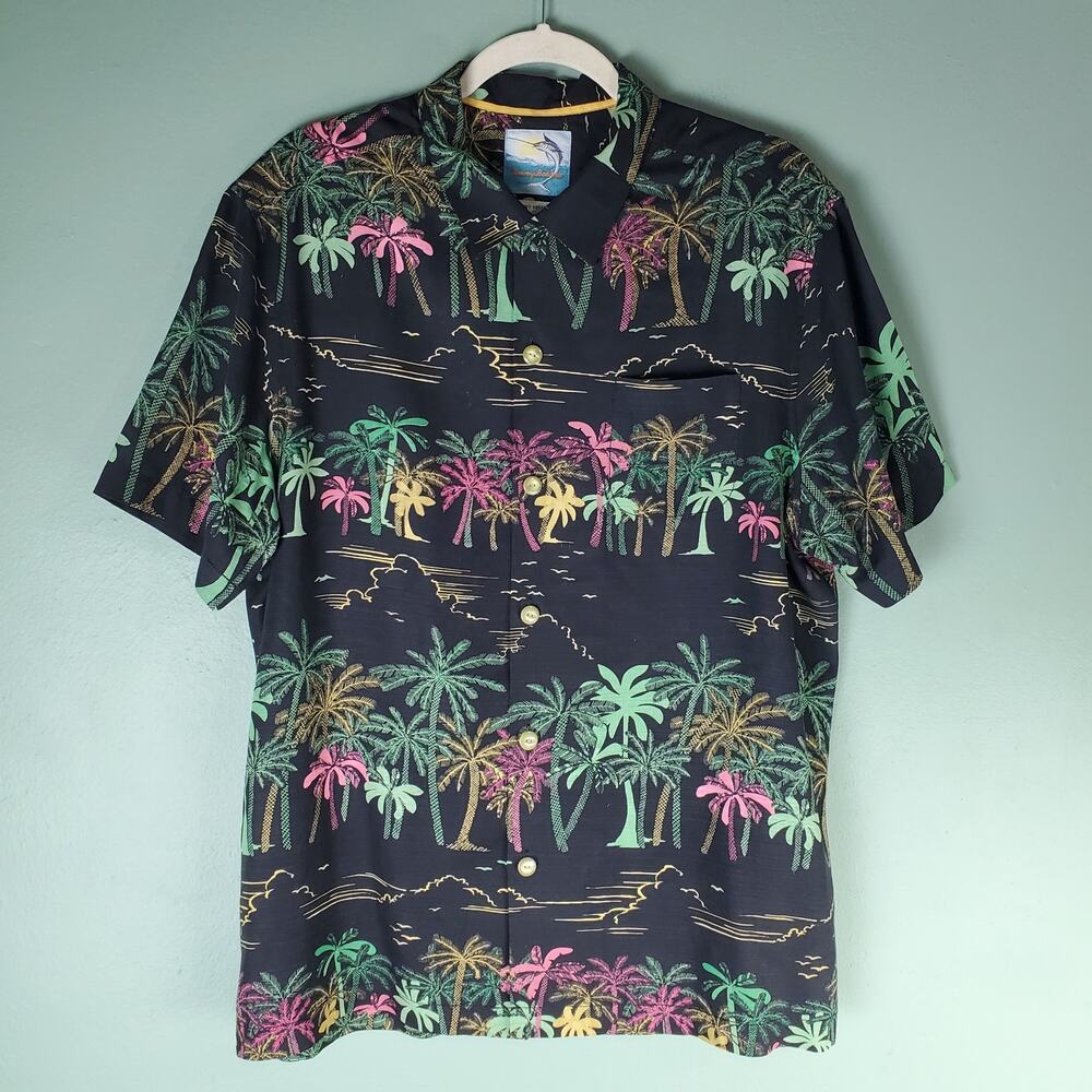 Tommy Bahama Mens Black Pink Silk Palm Tree Print Button Up SS Shirt Size Large
